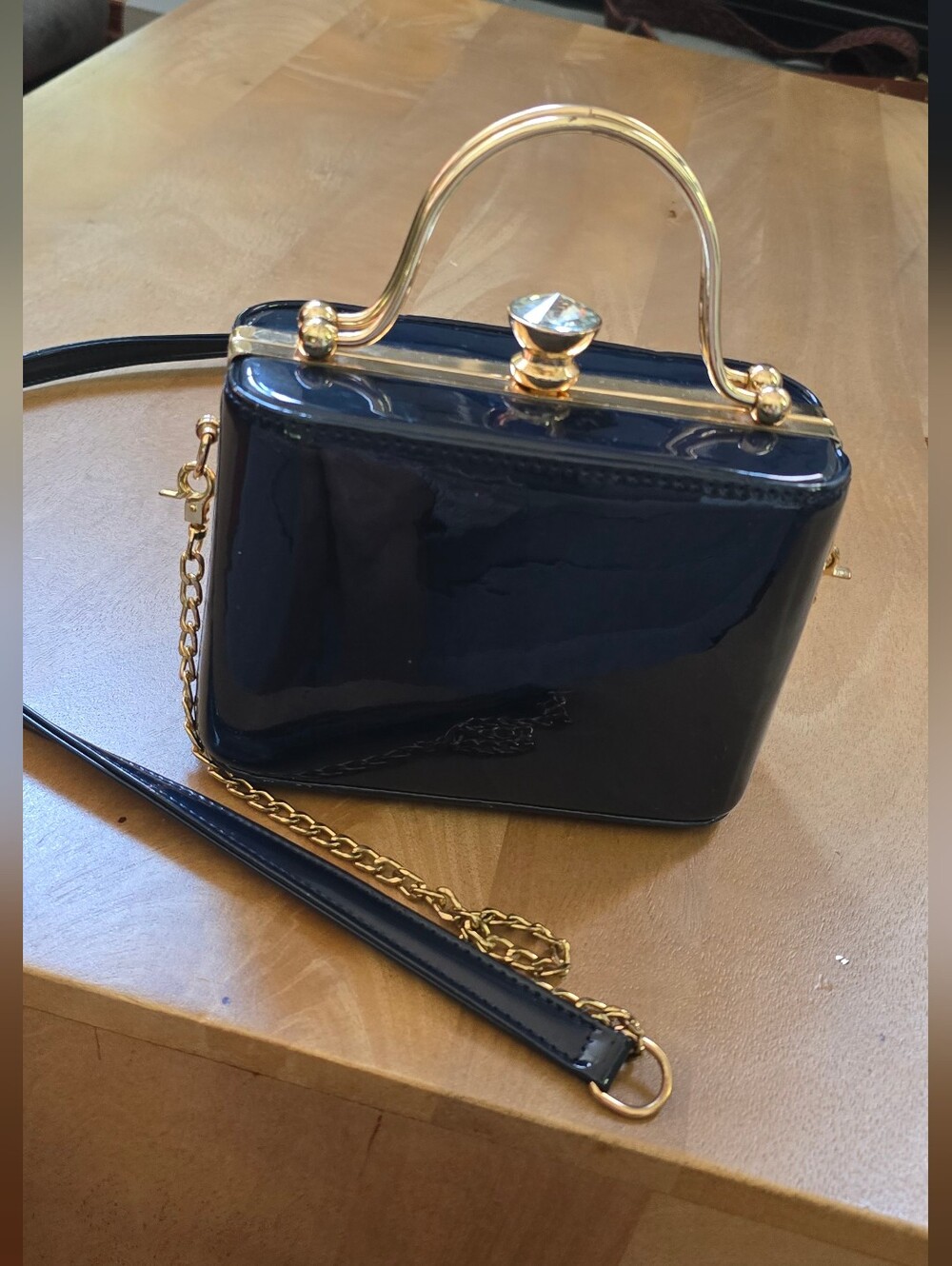 Vintage Style Patent Hard Shell Box Bag | Gold Frame Evening Crossbody